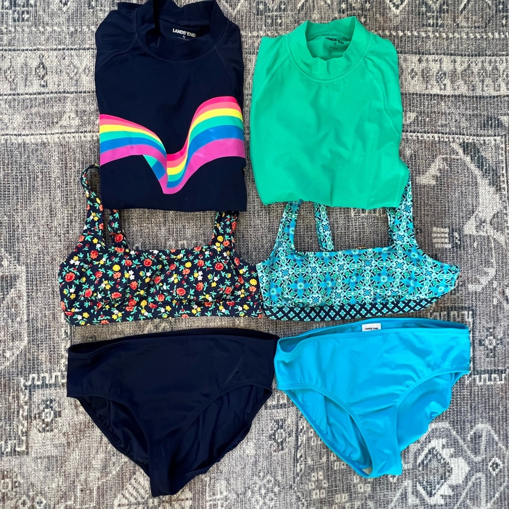 NWOT 6 pc mix & match Lands End swim wear. Full bottoms, lined cups & rashguards